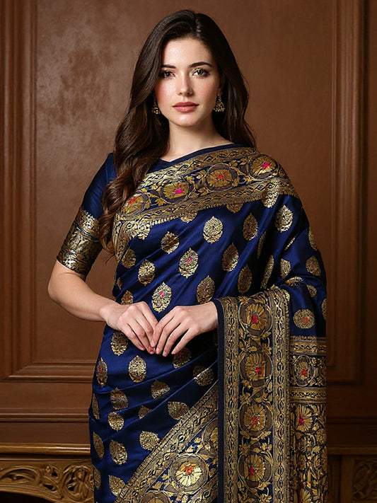 Blue Nevy Banarasi Silk Blend Woven Saree