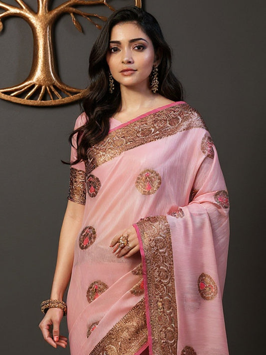 Pink Pink Banarasi Silk Blend Woven Saree