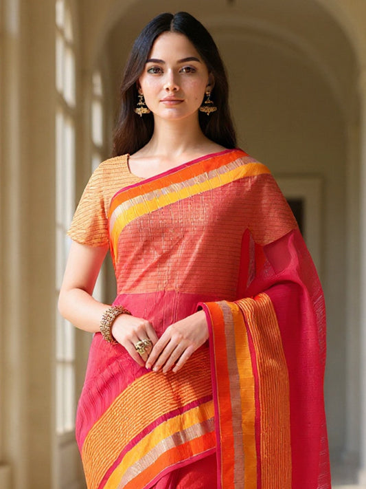 Pink Pink Banarasi Linen Silk Woven Saree