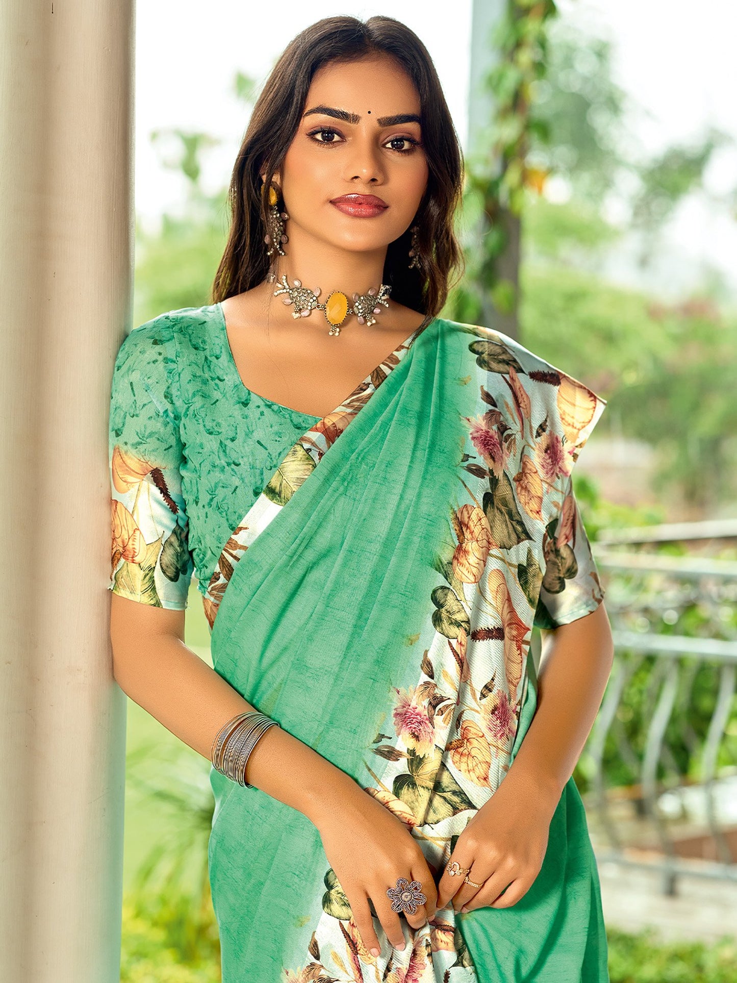Turquoise Block Print Georgette Digital Print Saree