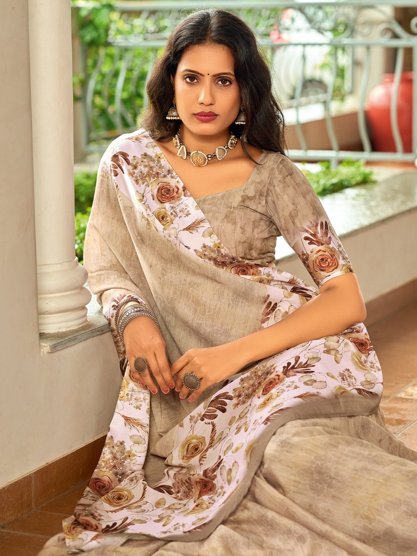 Beige Block Print Georgette Digital Print Saree