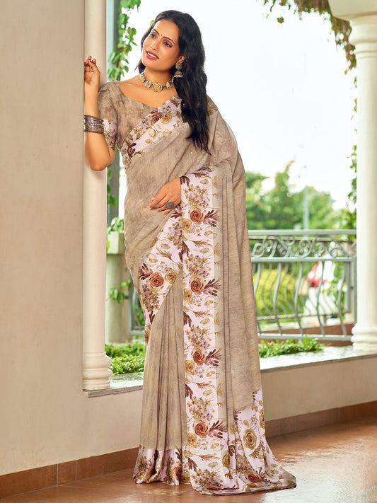 Grey Beige Block Print Georgette Digital Print Saree