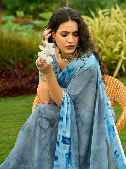 Charcoal Block Print Georgette Digital Print Saree