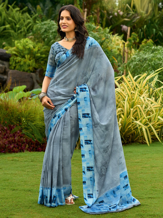 Grey Charcoal Block Print Georgette Digital Print Saree