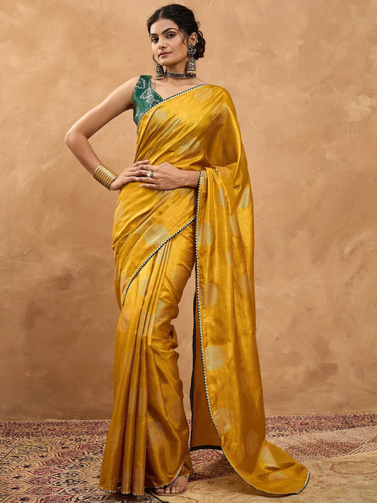 Yellow Mustard Banarasi Dola Silk Digital Print Saree