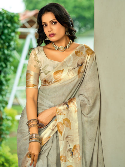 Grey Block Print Georgette Digital Print Saree