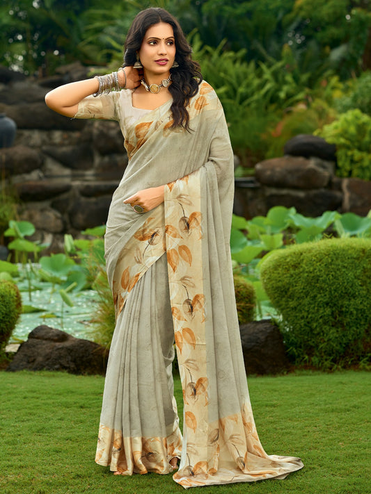 Grey Grey Block Print Georgette Digital Print Saree