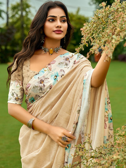 Beige Block Print Georgette Digital Print Saree