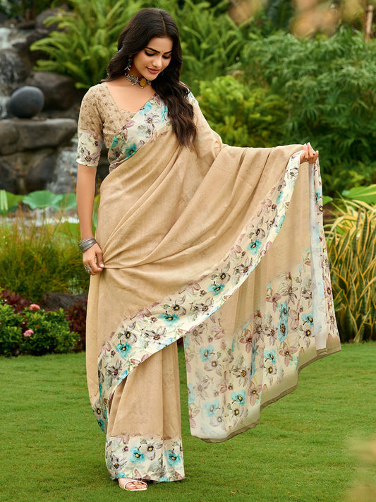 Golden Beige Block Print Georgette Digital Print Saree
