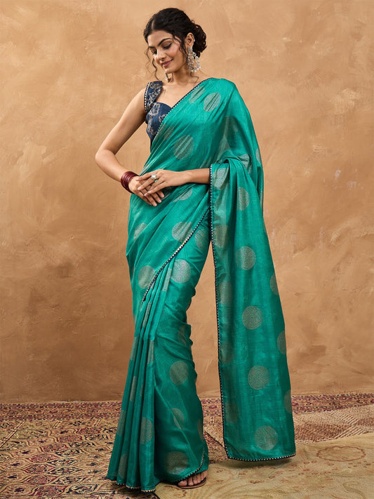 Blue Teal Banarasi Dola Silk Digital Print Saree