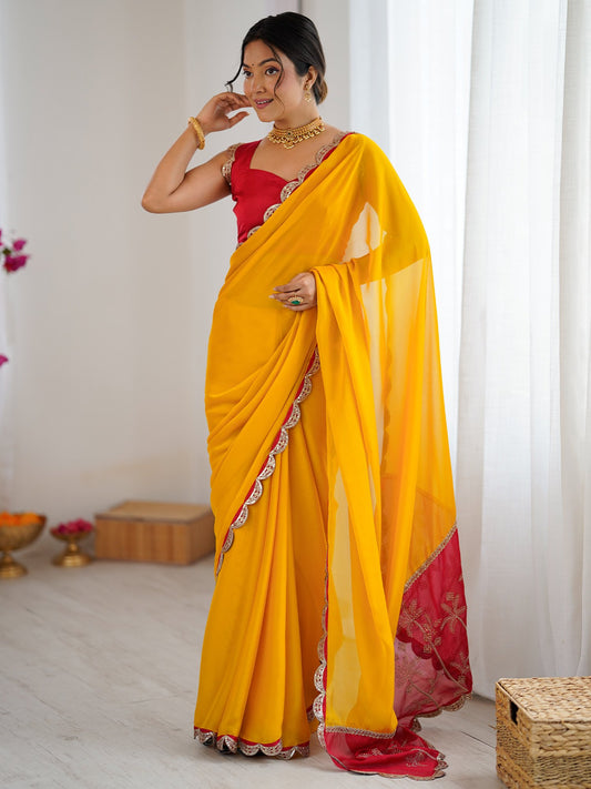 Yellow Yellow Party Wear Georgette Embellished Saree