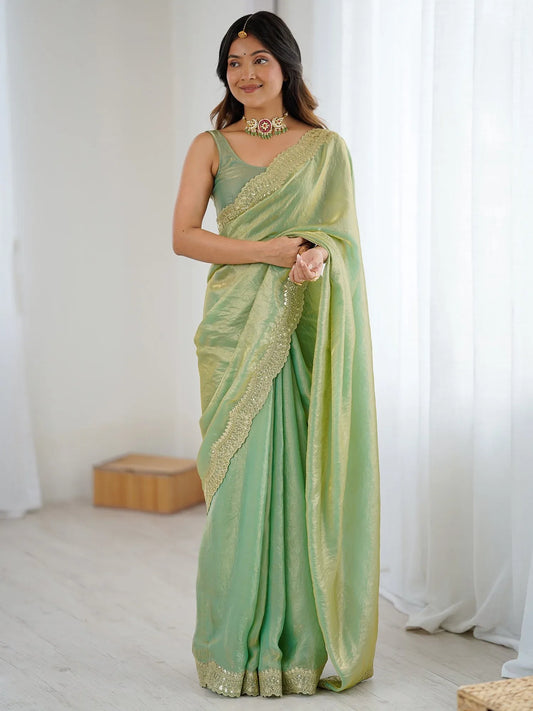 Green Light Party Wear Satin Embellished Saree