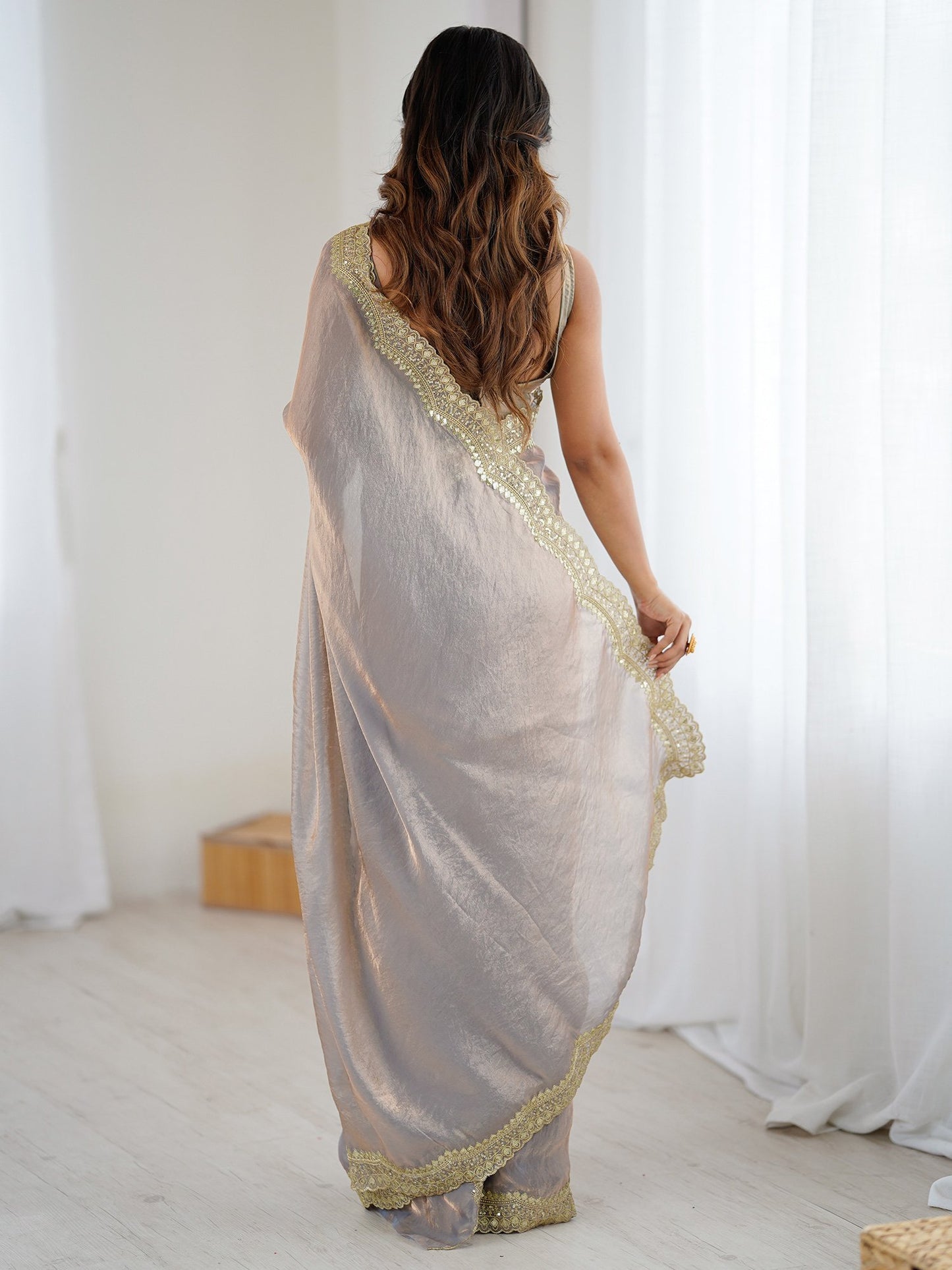 Grey Party Wear Satin Embellished Saree