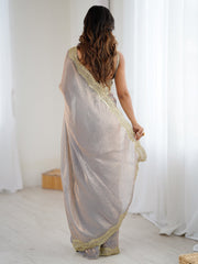 Grey Party Wear Satin Embellished Saree
