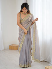 Grey Party Wear Satin Embellished Saree