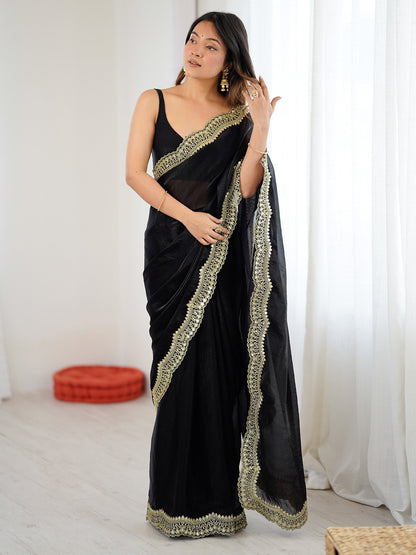 Black Party Wear Satin Embellished Saree