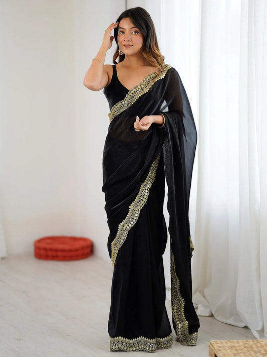 Black Black Party Wear Satin Embellished Saree