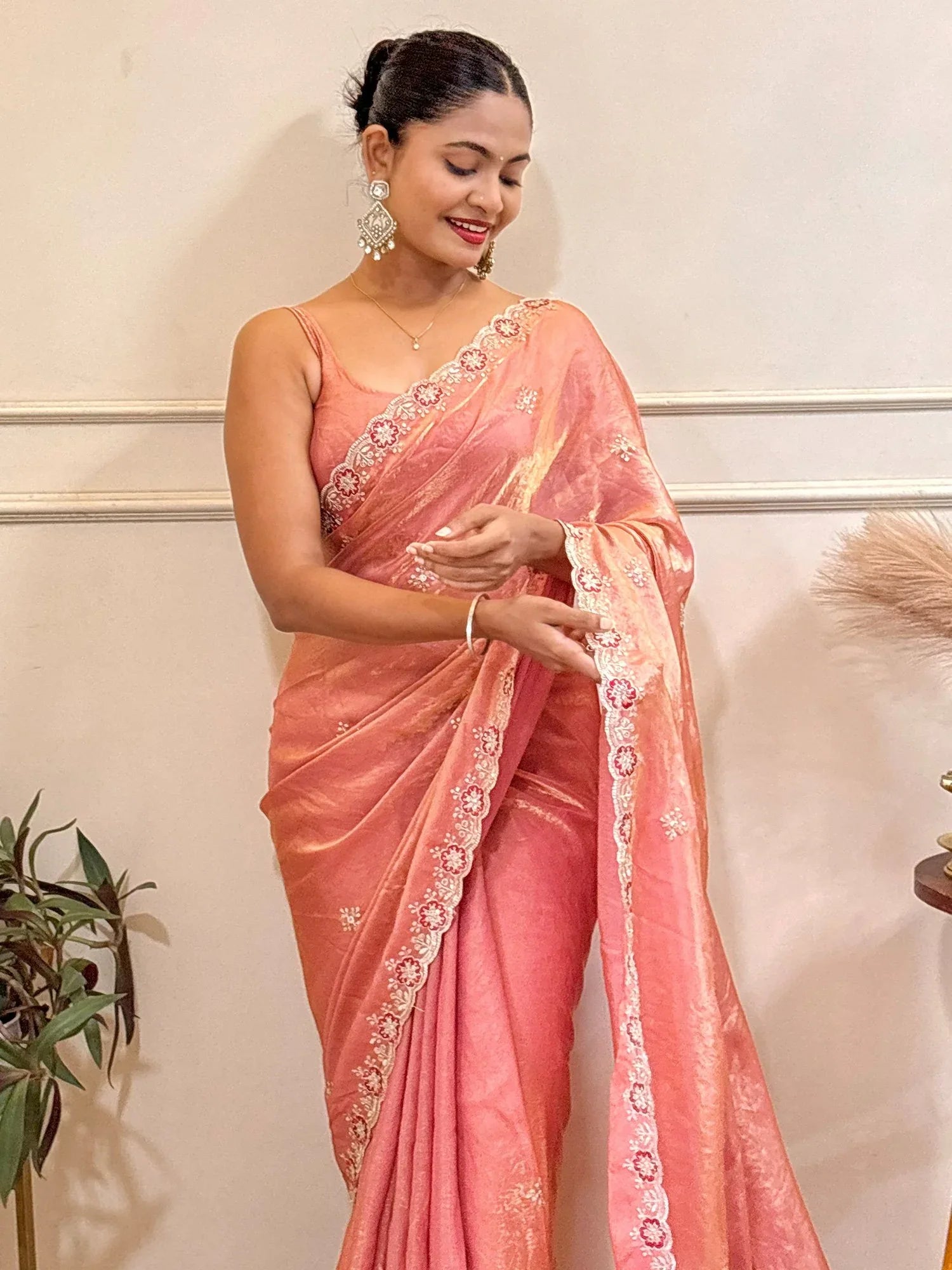 Peach Party Wear Satin Embellished Saree - The Dori Store