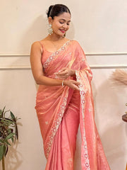 Peach Party Wear Satin Embellished Saree - The Dori Store