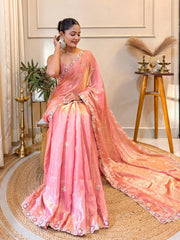Peach Party Wear Satin Embellished Saree - The Dori Store