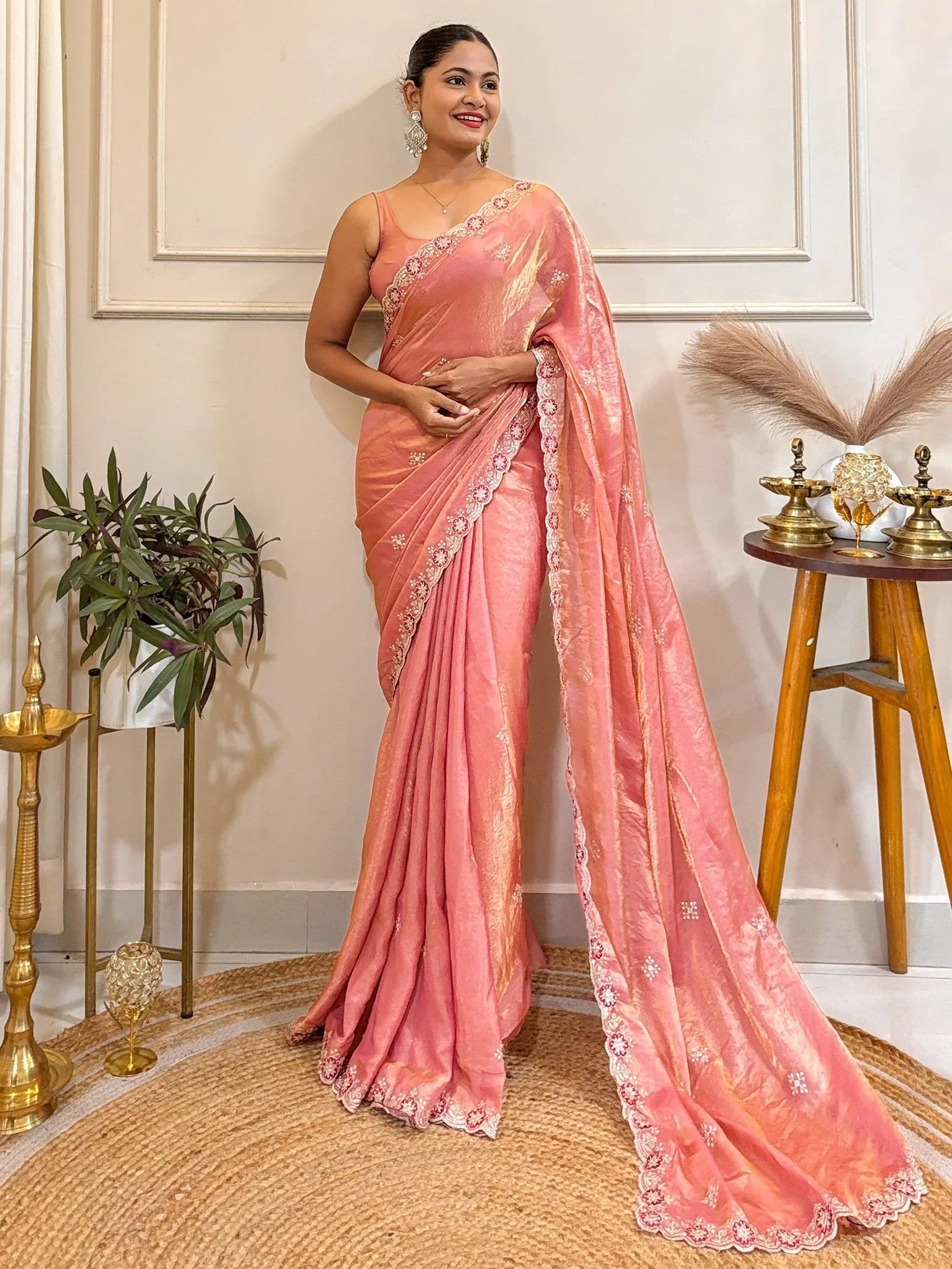 Peach Party Wear Satin Embellished Saree - The Dori Store