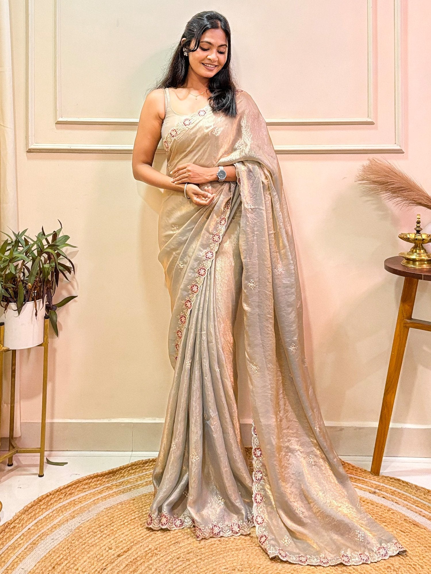 Beige Party Wear Satin Embellished Saree