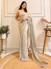 Grey Beige Party Wear Satin Embellished Saree