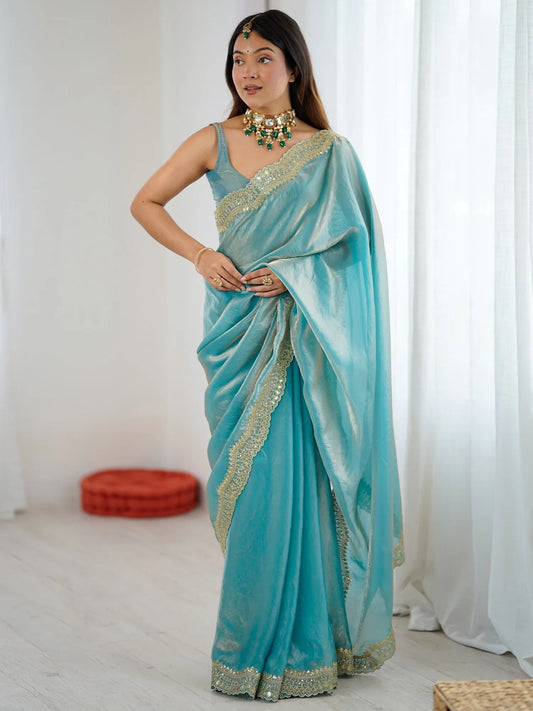 Blue Light Party Wear Satin Embellished Saree