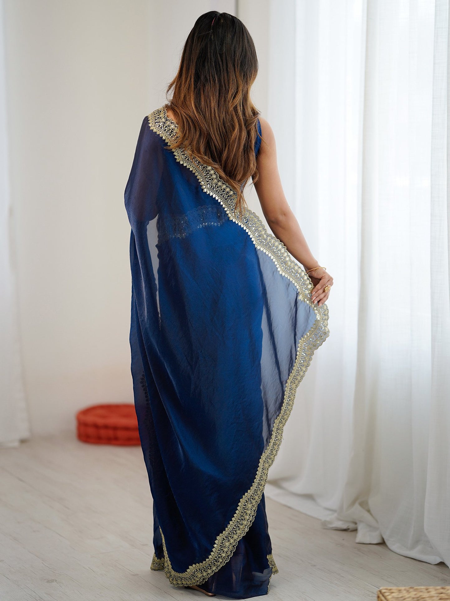 Blue Party Wear Satin Embellished Saree