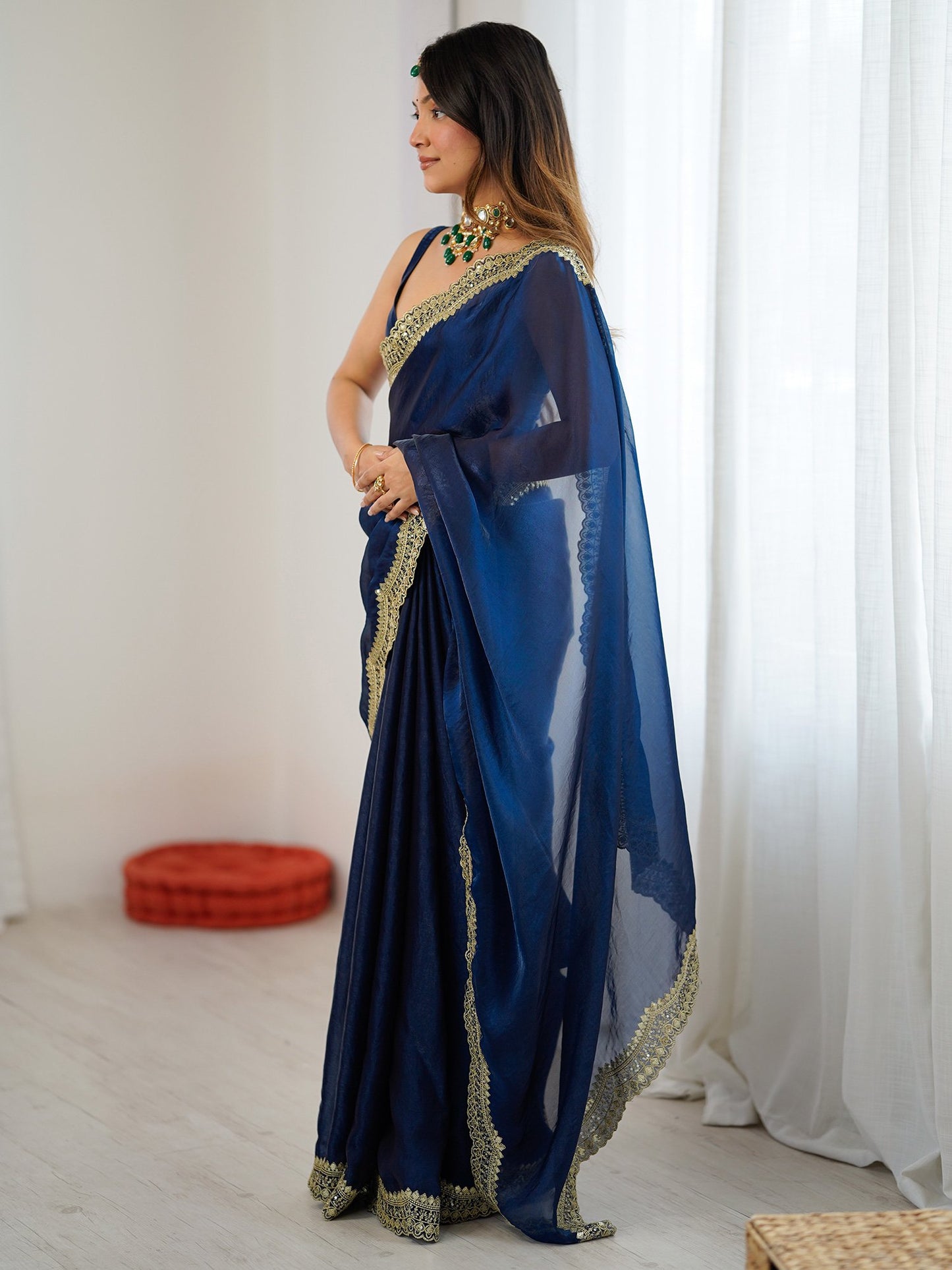 Blue Party Wear Satin Embellished Saree