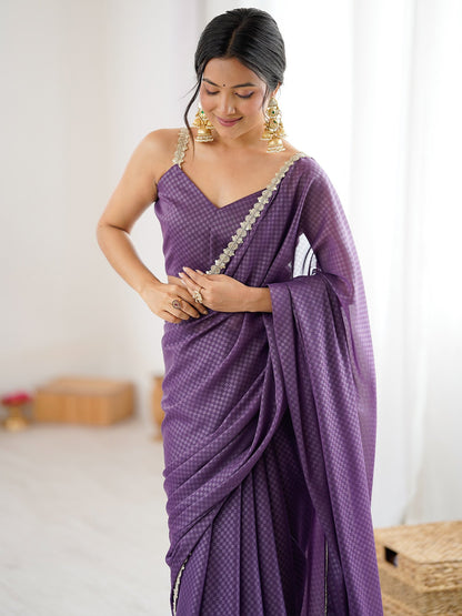 Lavendar Party Wear Satin Embellished Saree