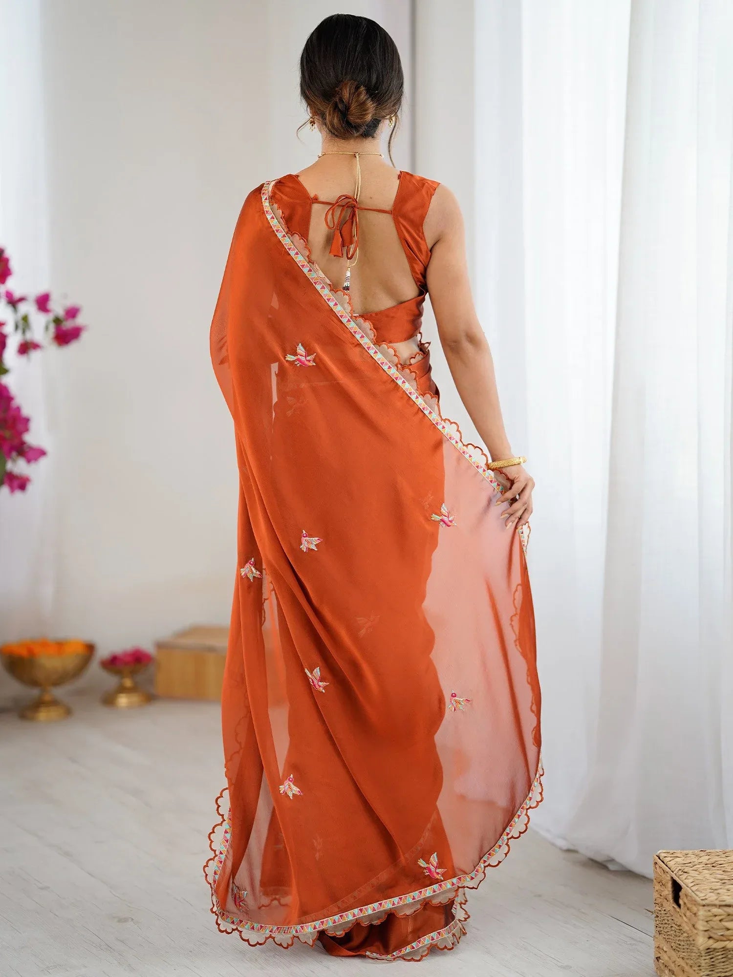 Rust Party Wear Georgette Embellished Saree