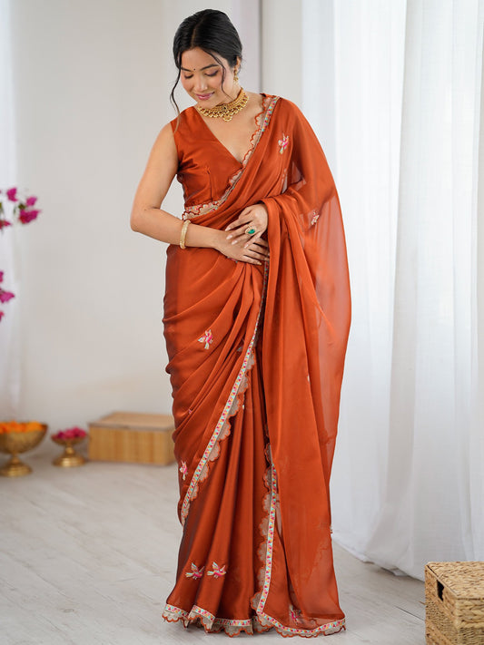 Brown Rust Party Wear Georgette Embellished Saree
