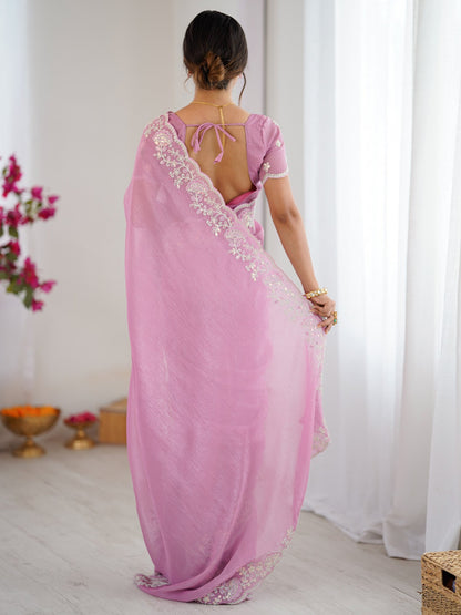 Pink Party Wear Tissue Embellished Saree