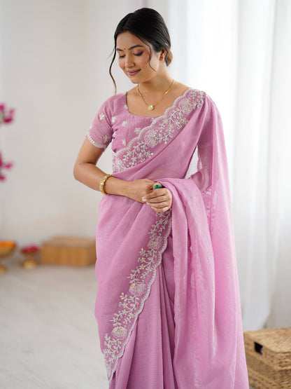 Pink Party Wear Tissue Embellished Saree