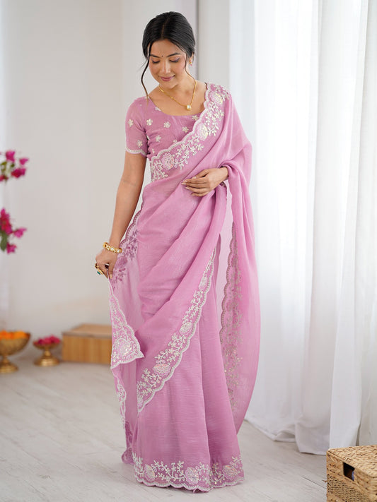 Pink Pink Party Wear Tissue Embellished Saree