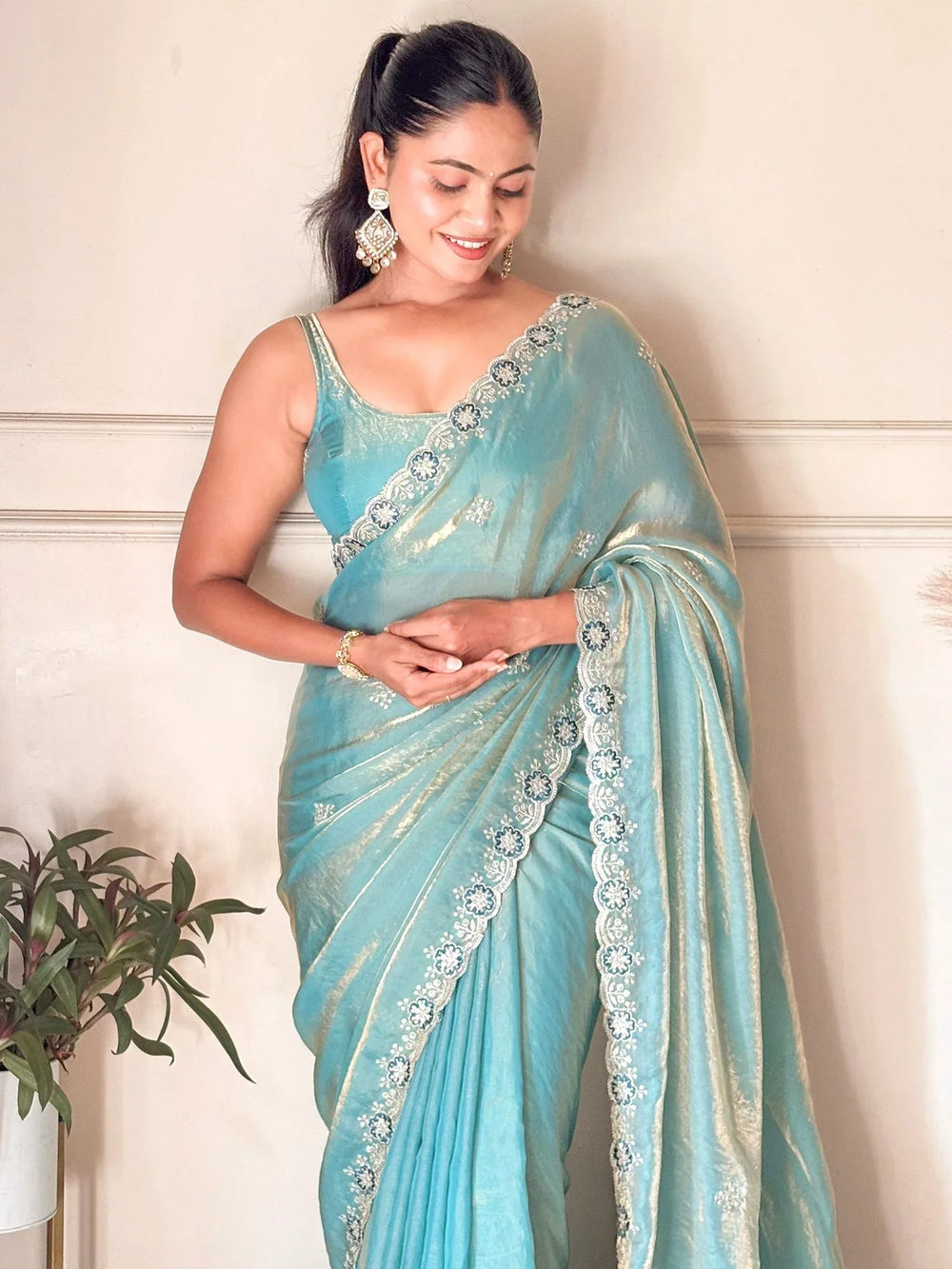 Light Party Wear Satin Embellished Saree - The Dori Store