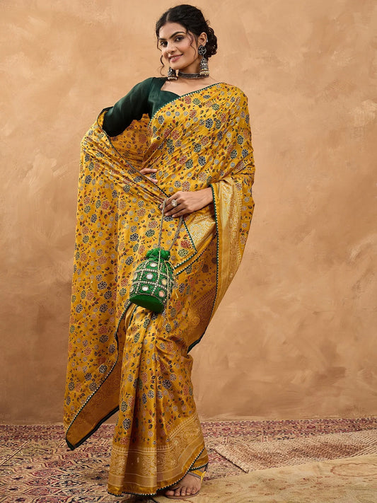 Yellow Mustard Banarasi Dola Silk Digital Print Saree