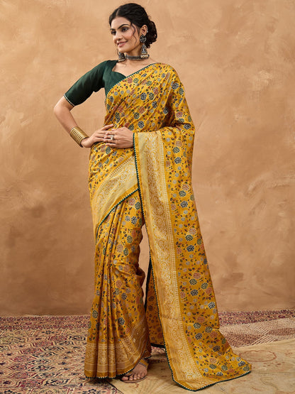 Mustard Banarasi Dola Silk Digital Print Saree