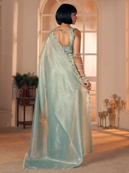 Aqua Party Wear Pure Silk Embellished Saree