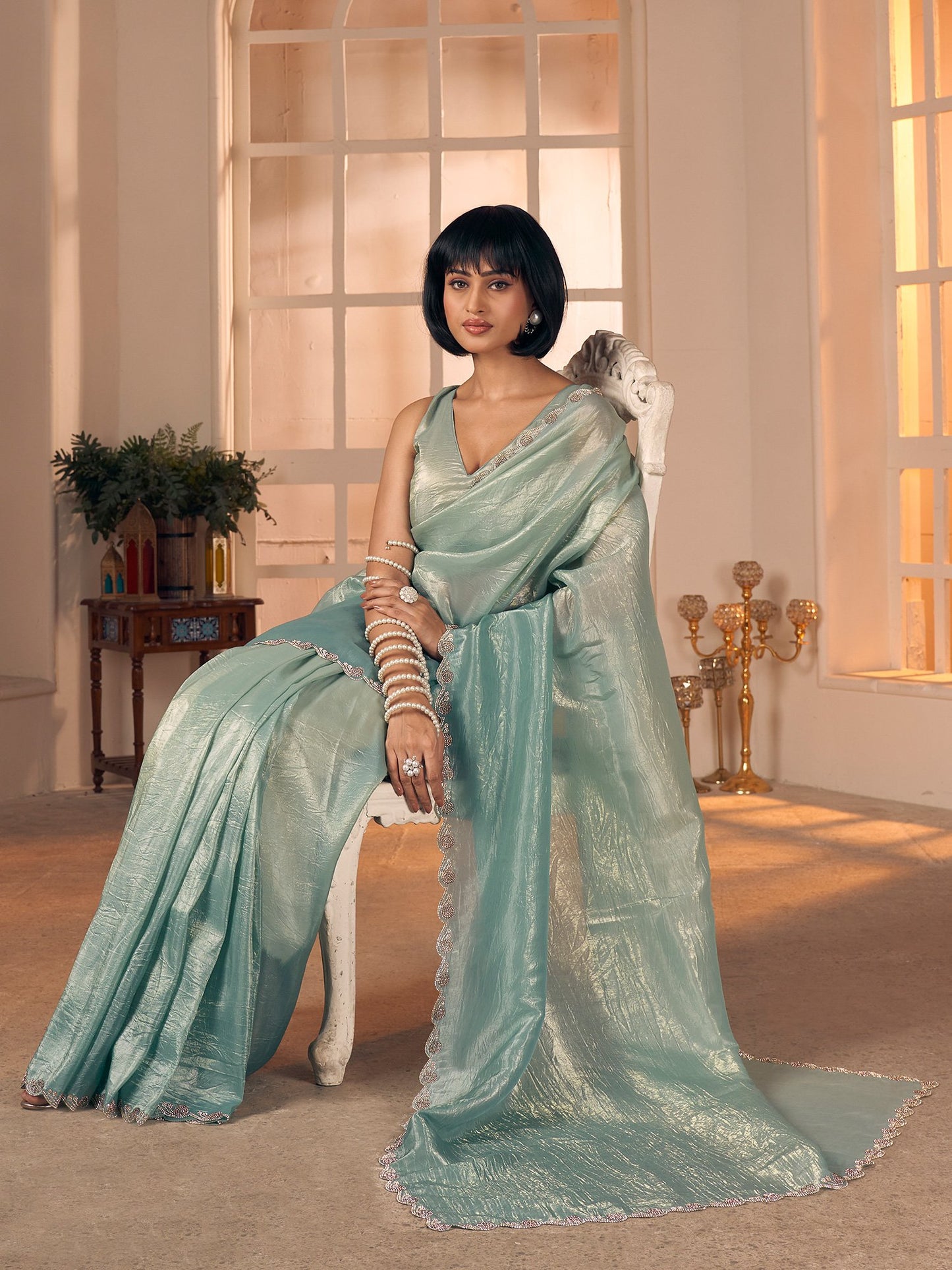 Aqua Party Wear Pure Silk Embellished Saree