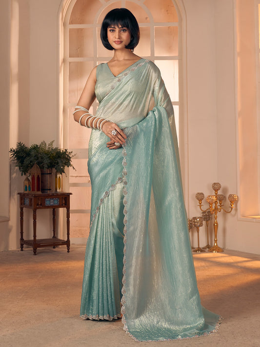 Blue Aqua Party Wear Pure Silk Embellished Saree