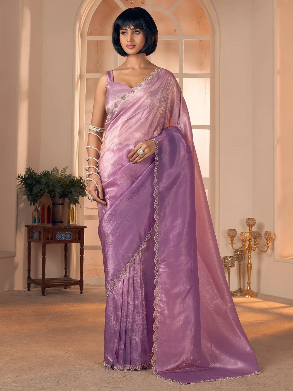 Lavendar Party Wear Pure Silk Embellished Saree - The Dori Store