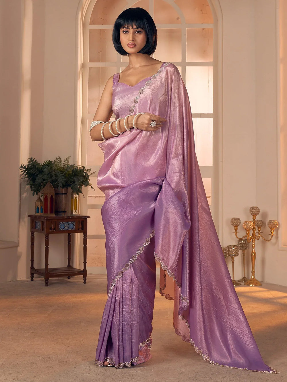Lavendar Party Wear Pure Silk Embellished Saree - The Dori Store