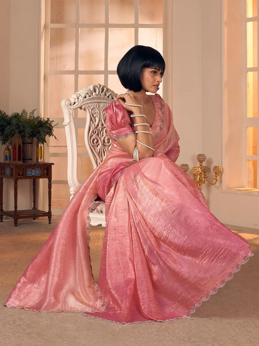 Pink Pink Party Wear Pure Silk Embellished Saree