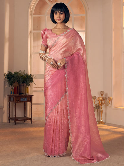 Pink Party Wear Pure Silk Embellished Saree