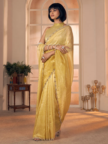 Mustard Party Wear Pure Silk Embellished Saree