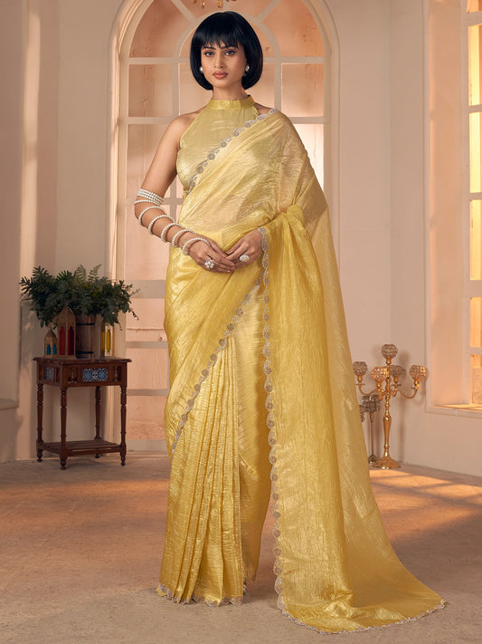 Yellow Mustard Party Wear Pure Silk Embellished Saree