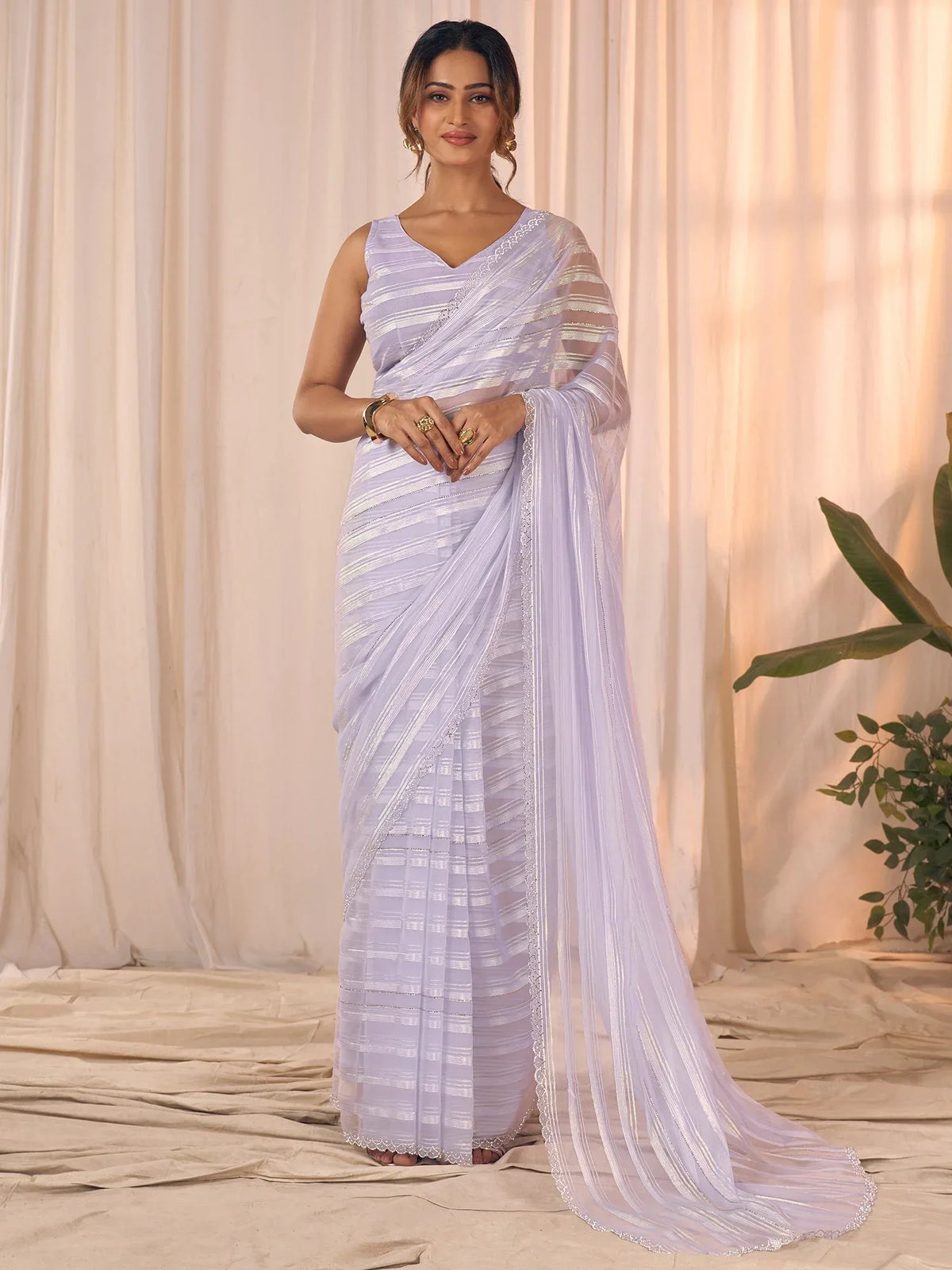 Lavendar Party Wear Georgette Embellished Saree - The Dori Store