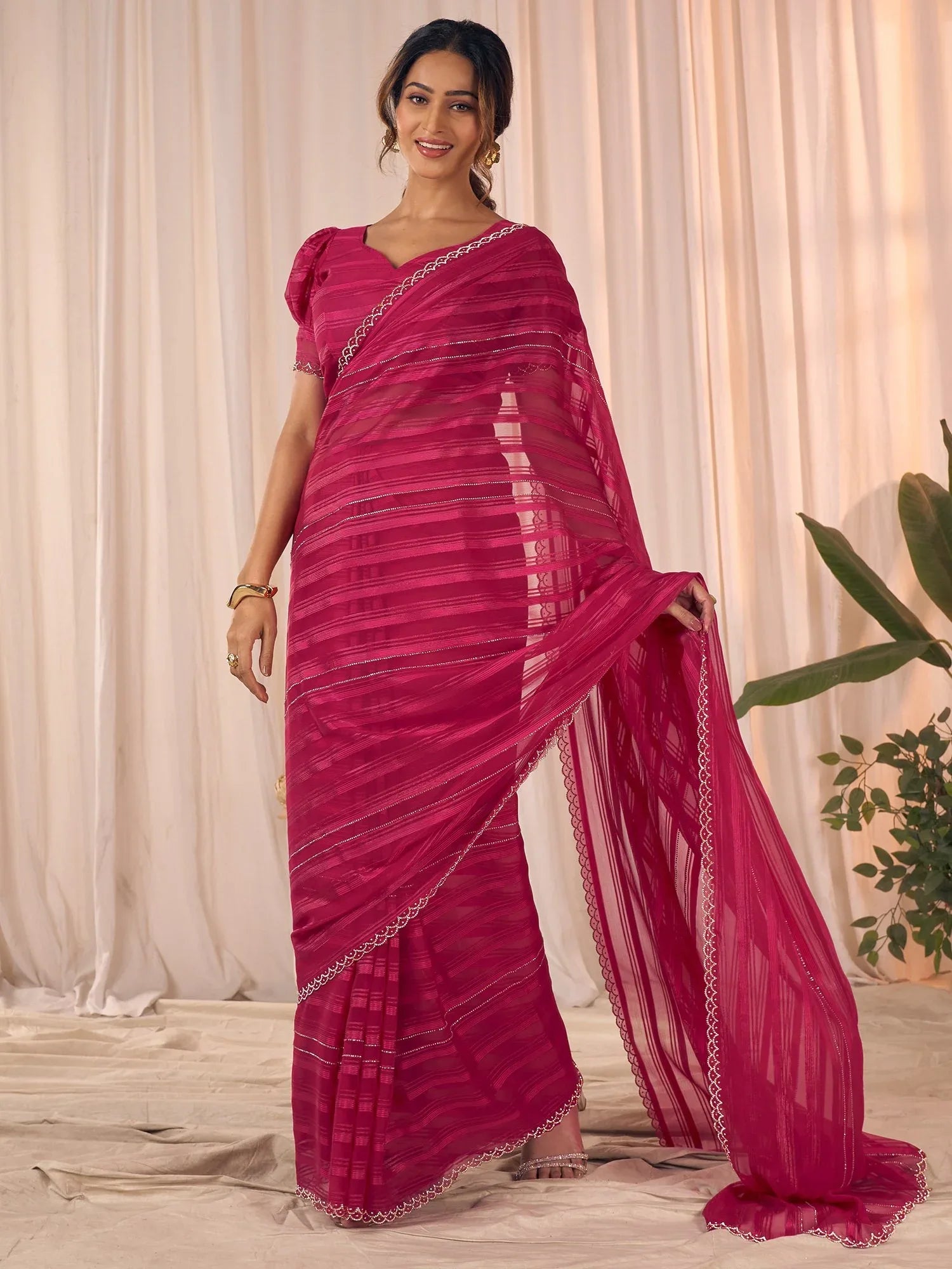 Pink Party Wear Georgette Embellished Saree - The Dori Store